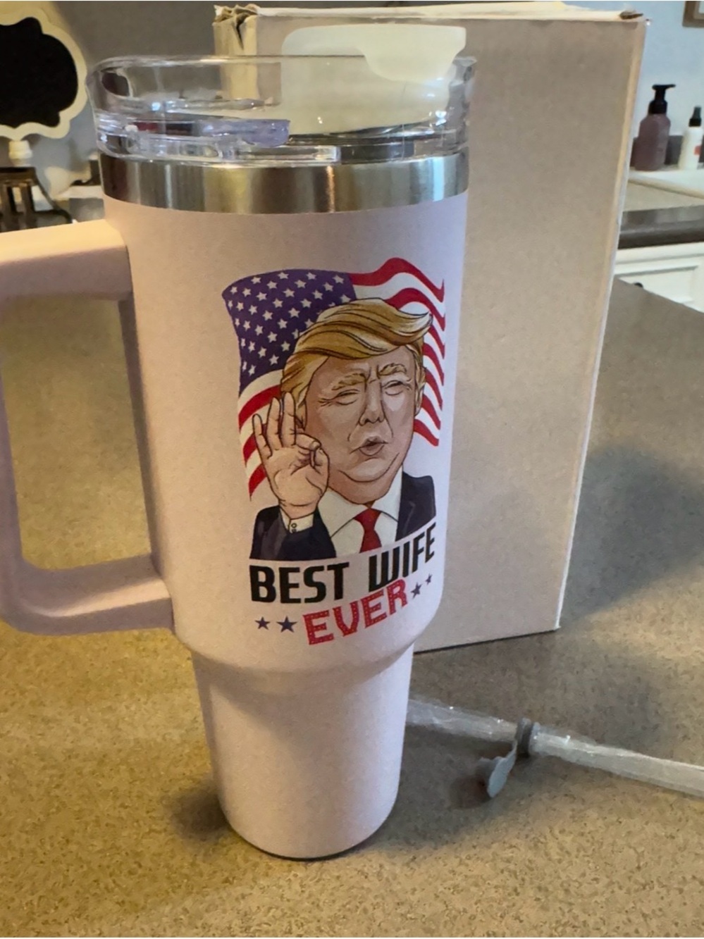 Best Wife Ever Pink Travel Mug with Handle - Patriotic Graphic